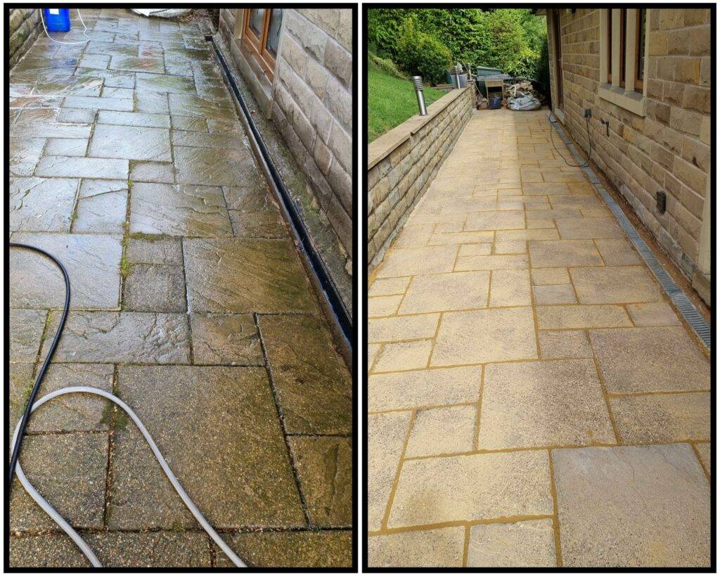 Before and after patio pressure washing by Trusted Cleanerz Ltd in West Yorkshire, showing moss and dirt removal