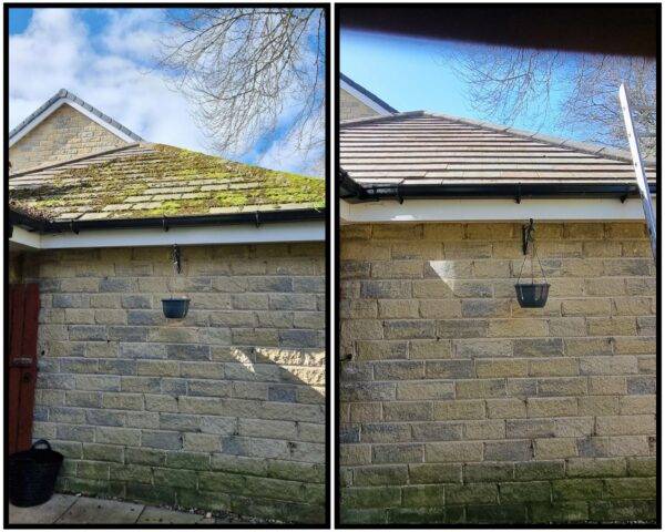 “Before and after roof cleaning in Halifax — moss and algae removed without pressure.”