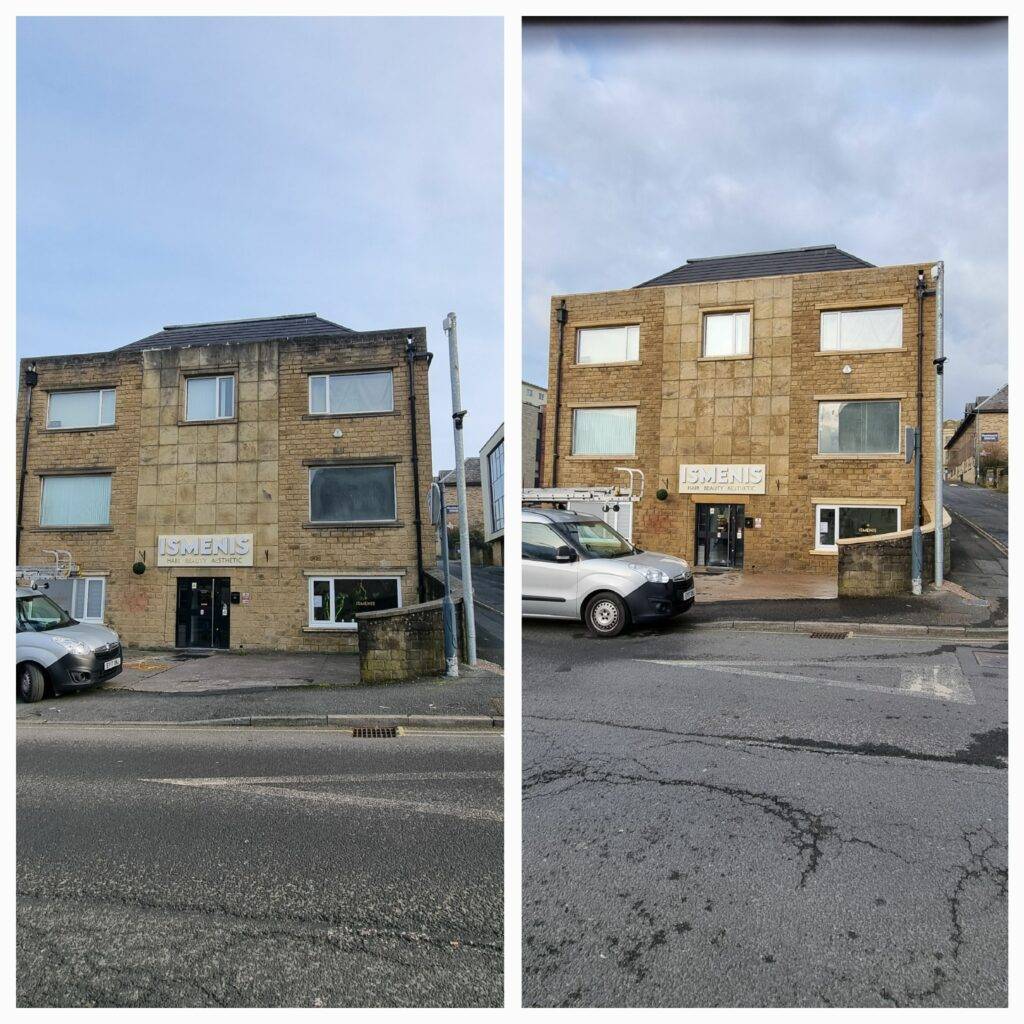 Stone house facade soft washed before and after in Huddersfield