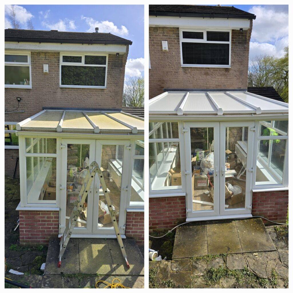 Fascia, soffit, gutter, and conservatory cleaning before and after in Bradford