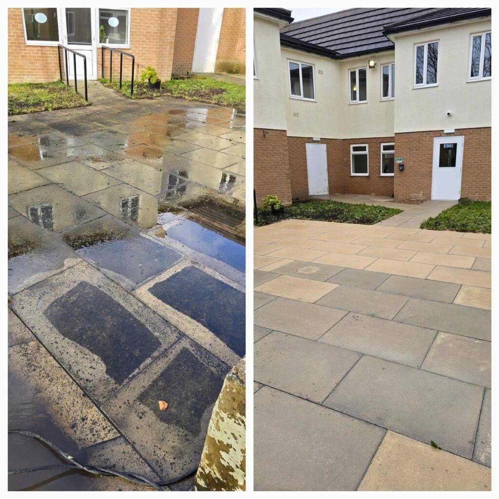 Concrete slabs before and after professional cleaning in Leeds