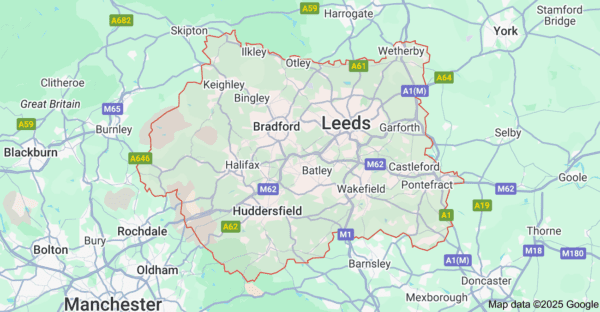 Map of West Yorkshire showing Trusted Cleanerz Ltd gutter cleaning service areas including Leeds, Bradford, Halifax, Huddersfield, and Wakefield.