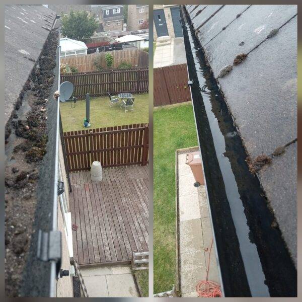 Before and after gutter cleaning in West Yorkshire by Trusted Cleanerz Ltd – spotless gutters and flowing downpipes.