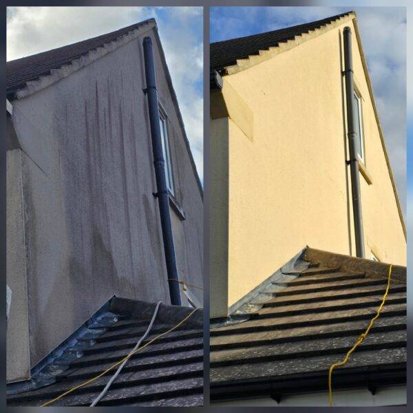Before and after render cleaning in LS17 North Leeds showing algae removal and bright, clean walls.