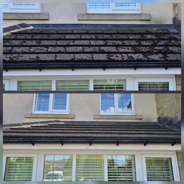 Before and after roof cleaning in Morley showing moss removal and restored, clean roof tiles.
