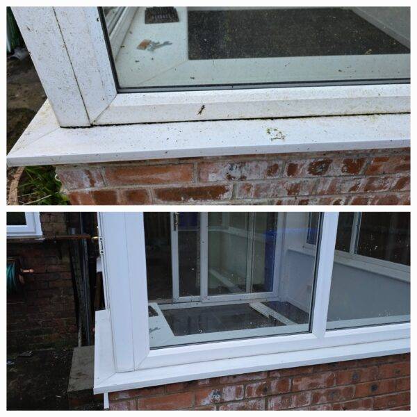 Before and after window cleaning in Bradford showing spotless, streak-free glass and frames.