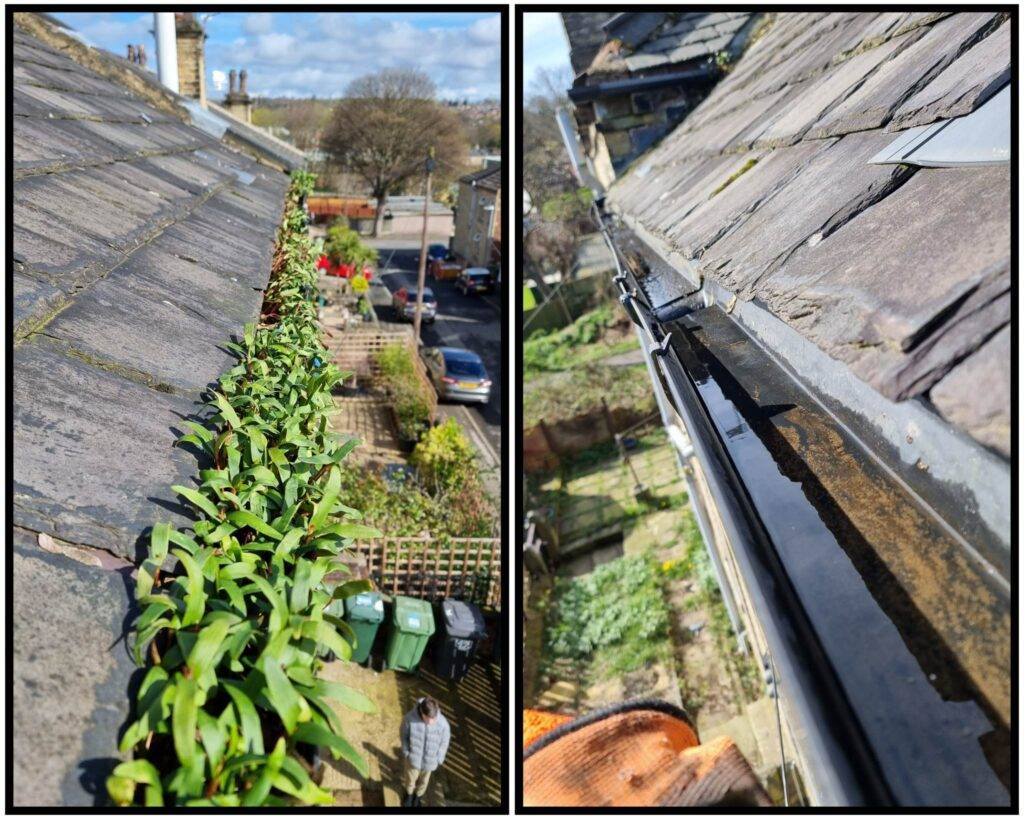 Before and after gutter cleaning in Wakefield showing gutters cleared of moss, leaves, and blockages.