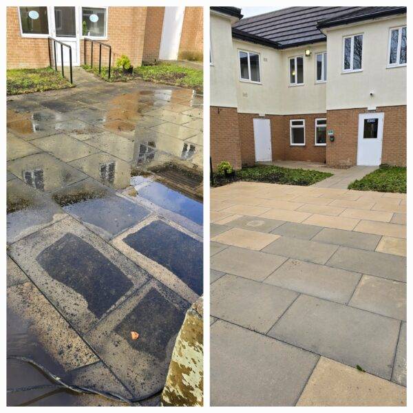 Before and after pressure washing in Wakefield showing a driveway cleaned from algae and grime.