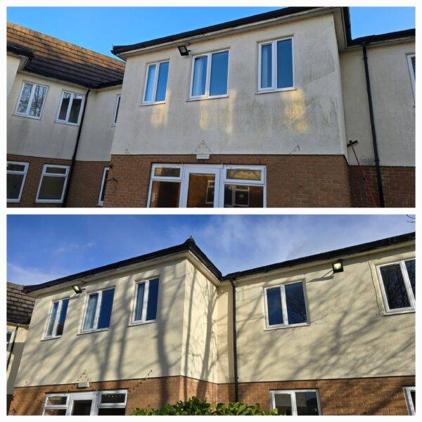Before and after render soft washing in Wakefield showing algae and stains safely removed.