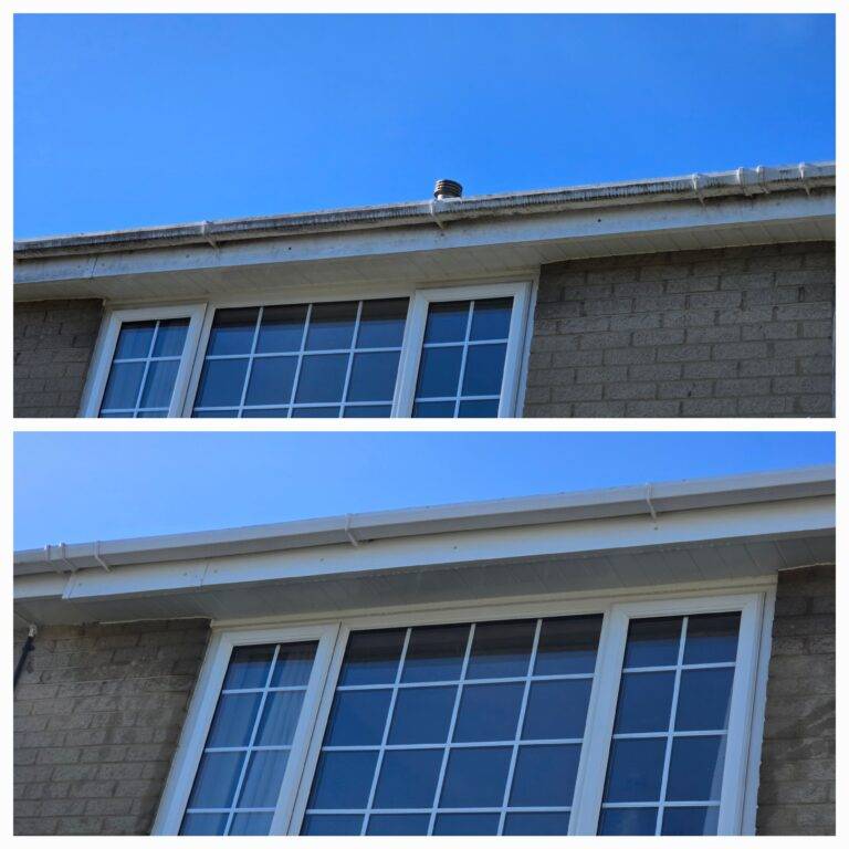 Before and after fascia and soffit cleaning on a residential property in Halifax.