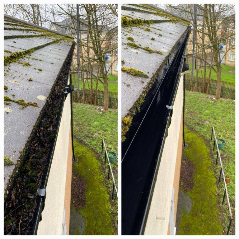 Before and after gutter cleaning on a residential property in Huddersfield.