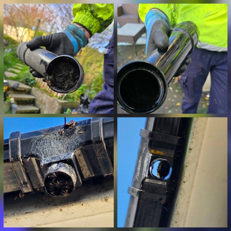 Downpipe and gutter outlet unblocking in Leeds showing heavy debris removed and restored water flow.