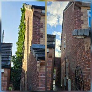 Before and after ivy removal from a modern brick house in Manchester, showing clearance along a narrow alleyway wall.