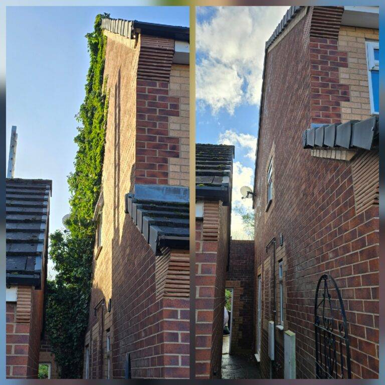 Before and after ivy removal from a modern brick house in Manchester, showing clearance along a narrow alleyway wall.