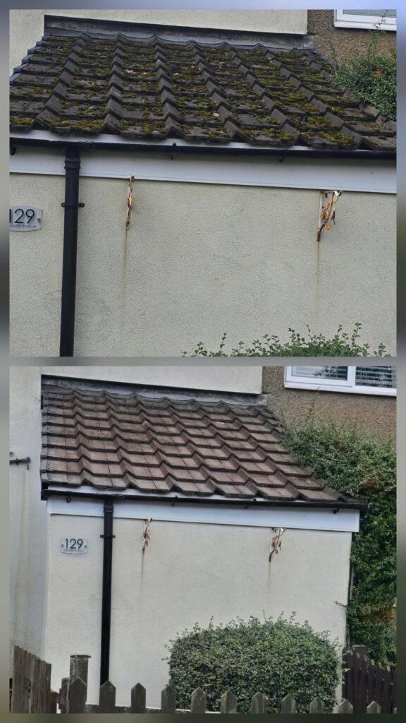 Before and after roof cleaning on a residential property in Huddersfield.