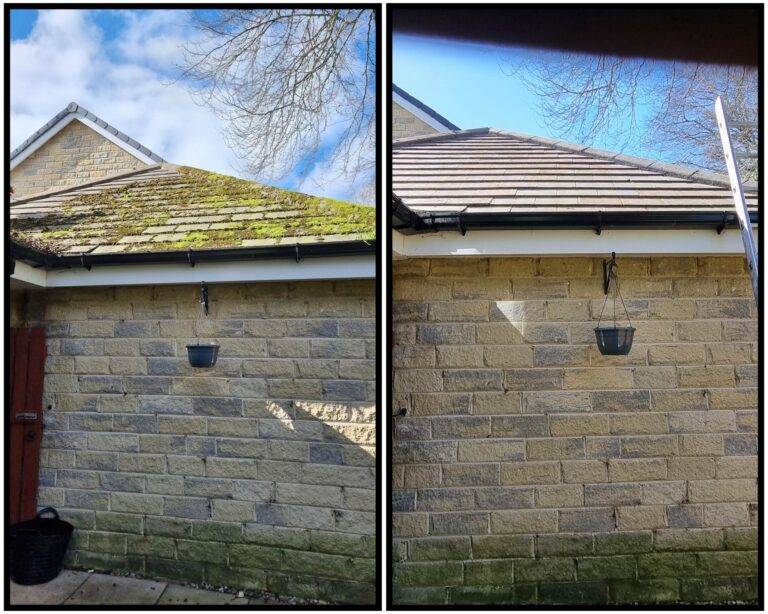 Before and after roof cleaning on a residential property in Huddersfield.