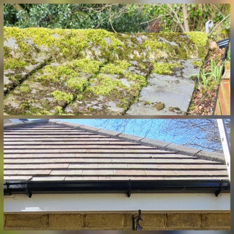 Before and after roof cleaning in Horsforth showing removal of thick moss and restored roof tiles.