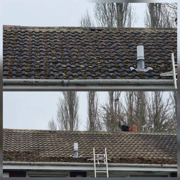 Before and after roof cleaning in Wakefield showing removal of heavy moss and restored roof tiles.