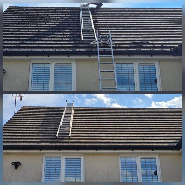 Before and after roof cleaning on a residential property in Pudsey showing removal of roof debris and restored roof tiles.