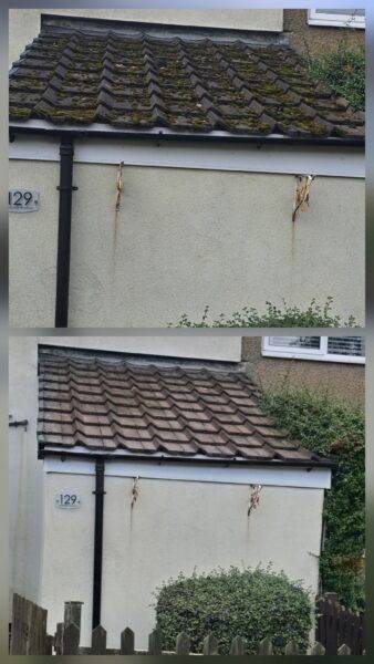 Before and after roof cleaning on a residential tiled roof in Leeds showing restored tiles and improved appearance.