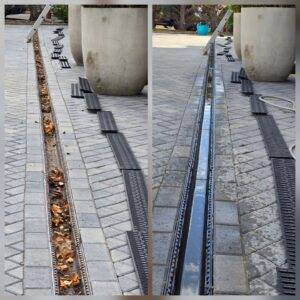 Before and after drain channel cleaning showing leaves and debris removed and clean drainage channel restored