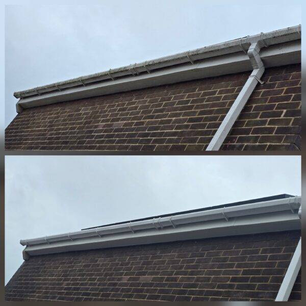 Before and after fascia and soffit cleaning showing dirt and staining removed from roofline in Halifax