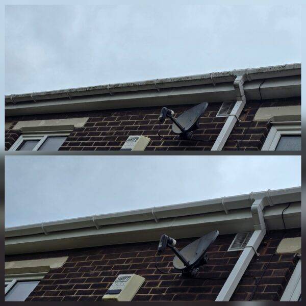 Before and after fascia and soffit cleaning showing restored white uPVC roofline in Leeds