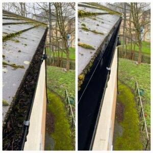 Before and after gutter cleaning showing moss and debris removed from guttering in Armley