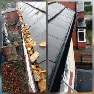 Before and after gutter cleaning showing leaves and blockages removed from gutters in Bramley