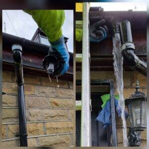 Before and after gutter cleaning showing blocked downpipe cleared and free-flowing water restored