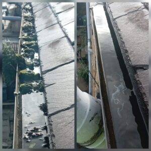 Before and after gutter cleaning showing moss and debris removed and water flow restored in Pudsey