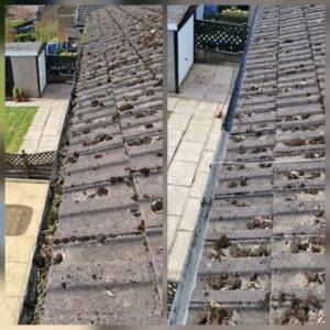 Before and after gutter cleaning showing debris and moss removed from guttering and roof edge