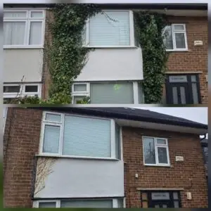Before-and-after photo of house ivy removal on a brick end wall, showing heavy ivy growth removed to reveal the brickwork and guttering.