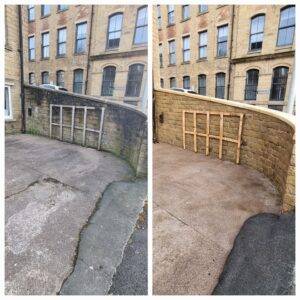Before and after pressure washing showing cleaned stone paving