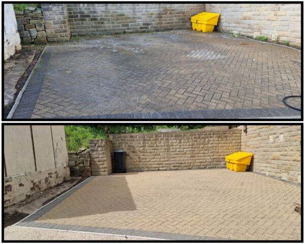 Before and after pressure washing showing dirt and staining removed from paved area