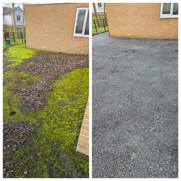 Before and after pressure washing removing moss and staining from outdoor surfaces
