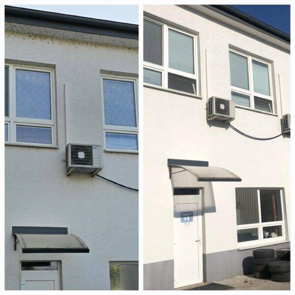 Before and after render cleaning showing stained house façade restored in Halifax