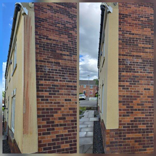 Before and after render cleaning showing stained render and brickwork restored in Horsforth