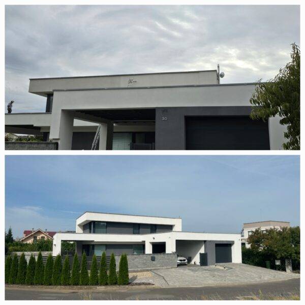 Before and after render cleaning on modern house façade in Wakefield