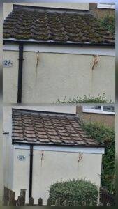 Before and after roof cleaning showing moss removal from tiled roof in Leeds