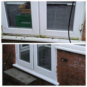 Before and after window cleaning showing algae and dirt removed from window frames in Alwoodley