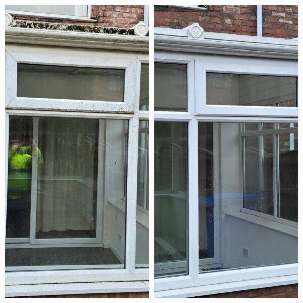 Before and after window cleaning showing dirty glass and frames restored in Pudsey