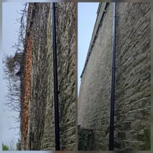 Before and after ivy removal from a stone exterior wall beside a downpipe, showing tendrils cleared and masonry exposed.