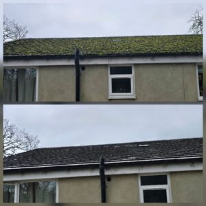 Before and after roof cleaning in Leeds showing moss-covered roof before cleaning and cleaner roof after manual moss removal