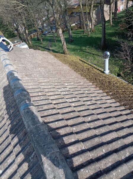 Roof cleaning in Leeds after manual moss removal showing cleaned concrete roof tiles and cleared moss from the roof edge