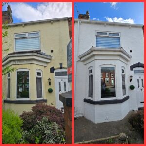 Before and after comparison of a house exterior in Greater Manchester showing stained walls after ivy removal and the finished white painted exterior.