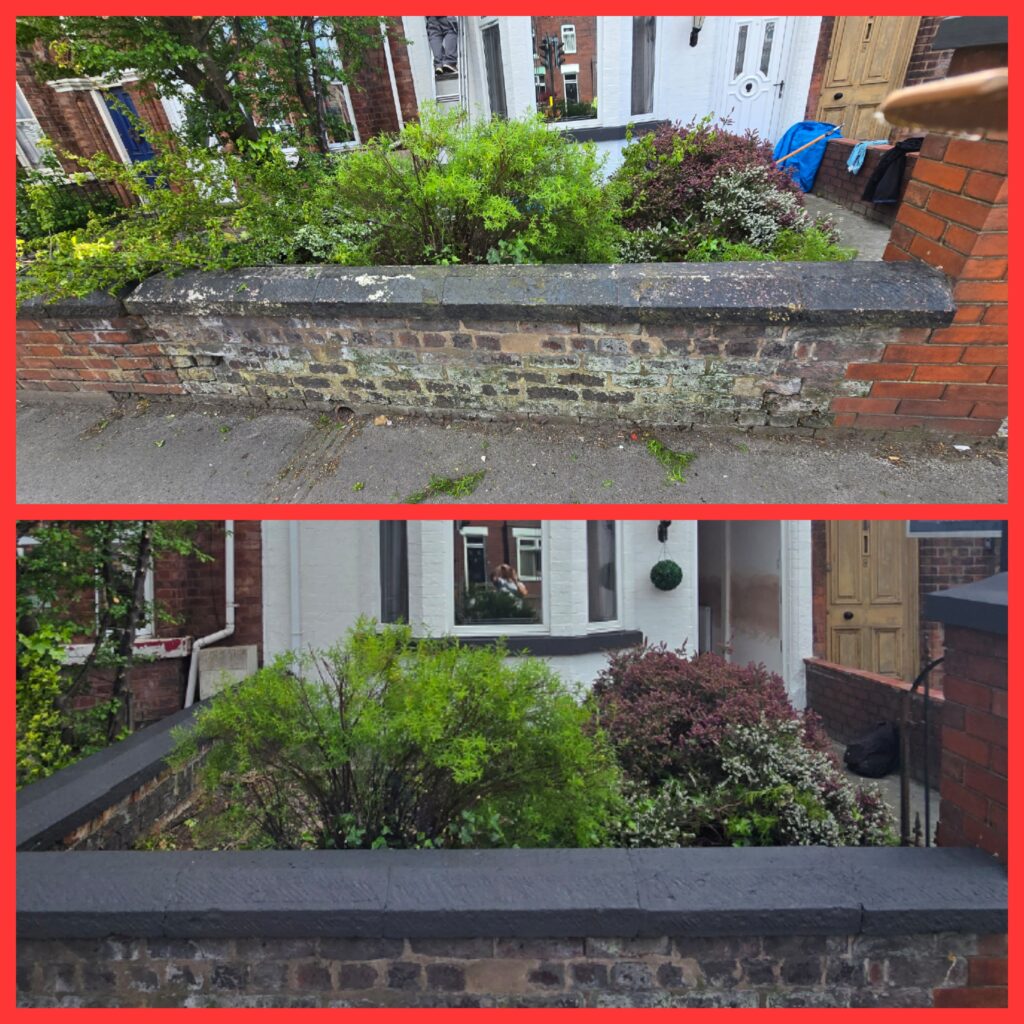 Before and after comparison of a front garden wall and property frontage after ivy removal, wall cleaning and exterior painting.
