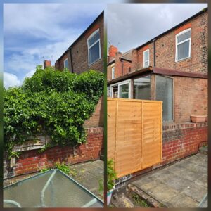 Before and after ivy removal from a rear brick wall and garden area in Crosby, Liverpool, showing the property cleared of overgrown ivy.
