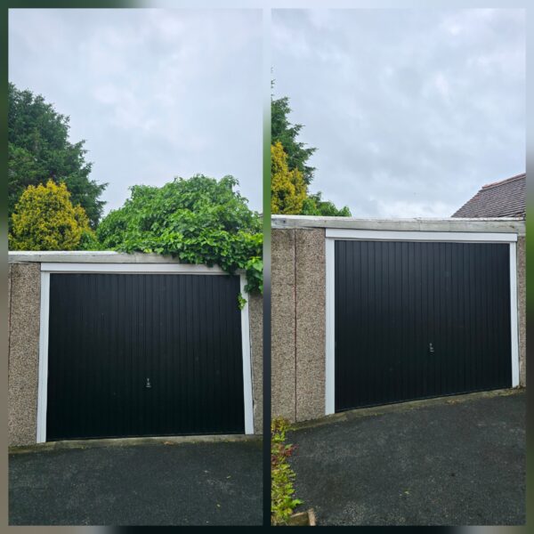 Before and after ivy removal from the front of a garage in Mirfield, Wakefield