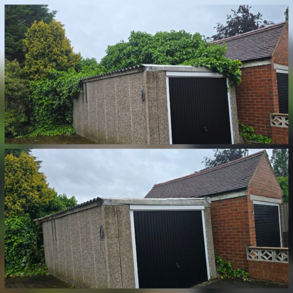 Before and after garage roof ivy removal in Mirfield, Wakefield